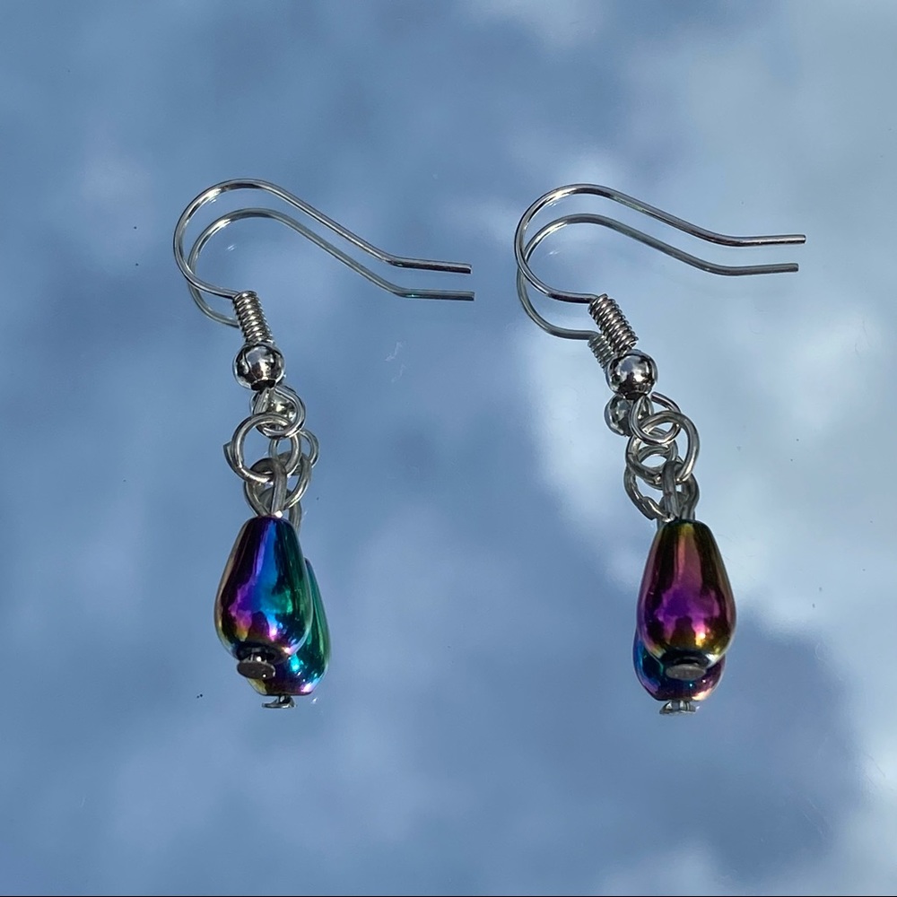 multi chrome tear drop earrings